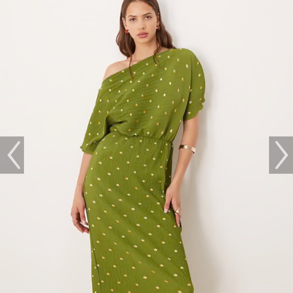 Never Fully Dressed Olive Green One-Shoulder Midi Dress with Gold Dot Detail - Picture 2 of 5